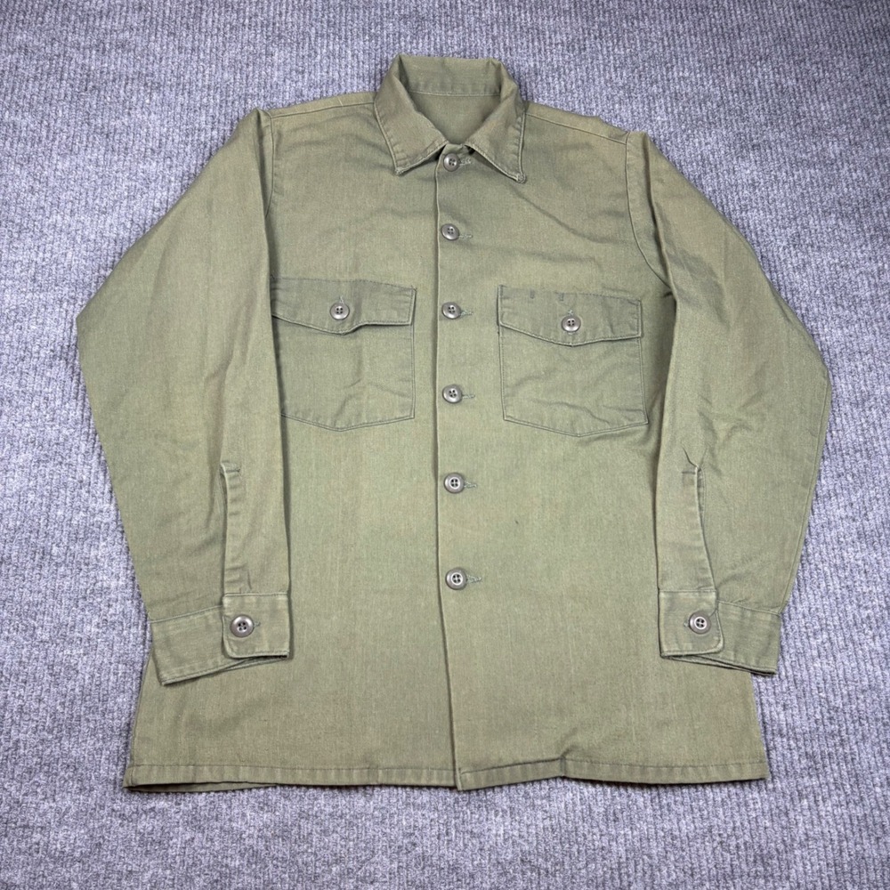 Vintage Military OG-107 Olive Drab Sateen Utility Shirt Jacket Mens Green L/S